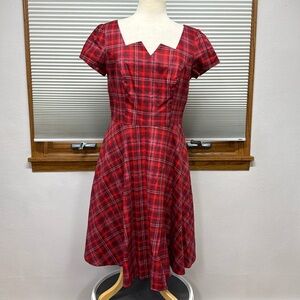 Girstunm Red Plaid Retro Style Classic Tea Short Sleeve Swing Party Dress